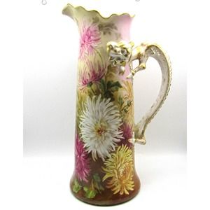 JPL Limoges Large Pitcher Tankard Hand Painted Dragon Handle Artist Signed